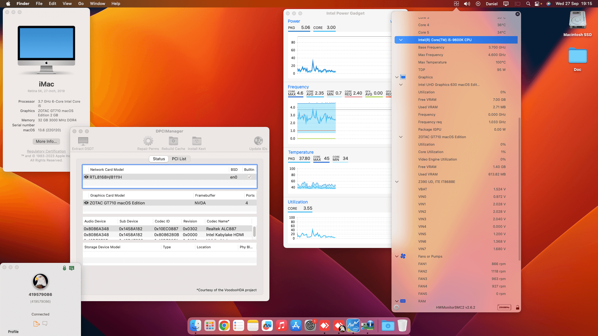 Success Hackintosh macOS Ventura 13.6 Build 22G120 in Gigabyte Z390 UD + Intel Core i5 9600K + Zotac GT 710